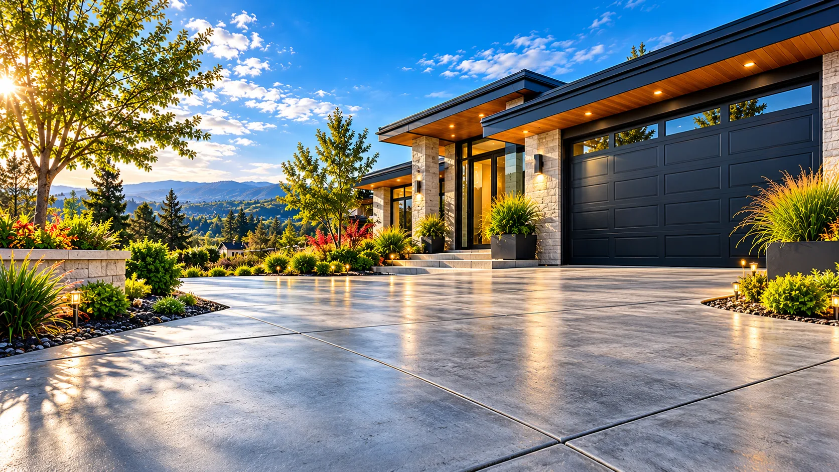 Modern Fairfield-area home with a broad decorative concrete driveway